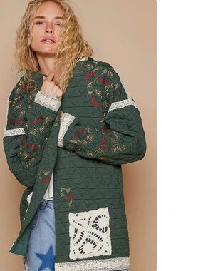 POL Women’s Danessa Quilted Real Green Floral Embroidered Jacket Size M NWOT